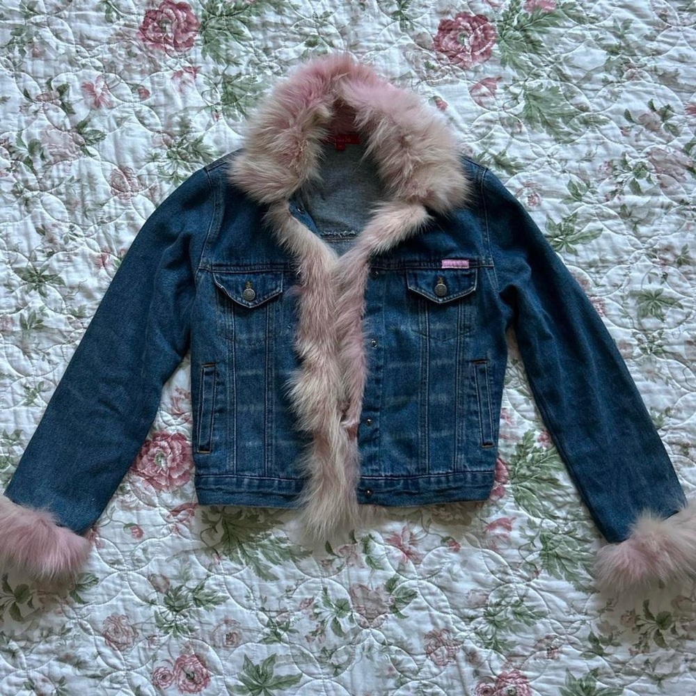 vintage y2k fur trim denim jacket